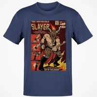 Retro Christmas Horror Graphic Tee, Krampus Slayer Vintage Comic T-Shirt, Creepy Holiday Monster Slayer Shirt, Dark Yuletide Graphic Top