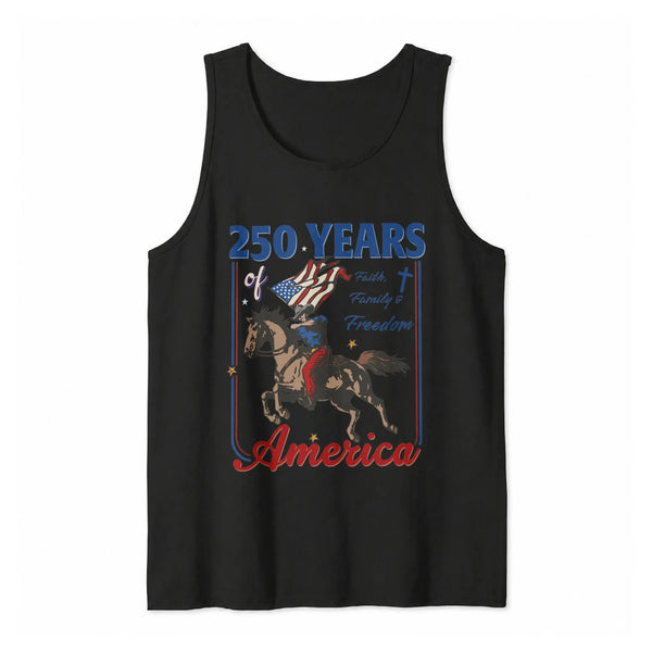 250 Years of America Tank Top | Faith Family Freedom Patriotic Eagle and Horse Art | Soft Breathable Stretch Fabric | Gift for Americana Enthusiasts