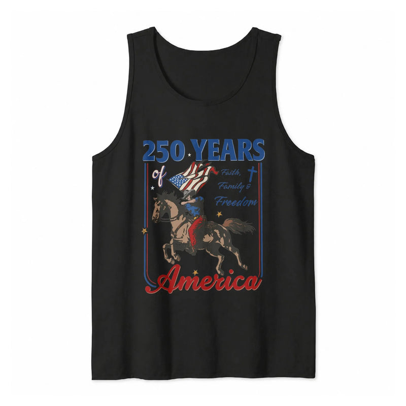 250 Years of America Tank Top | Faith Family Freedom Patriotic Eagle and Horse Art | Soft Breathable Stretch Fabric | Gift for Americana Enthusiasts