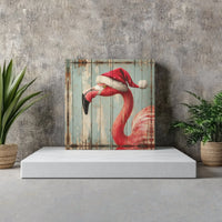 Rustic Wood Tropical Holiday Canvas Wall Art, Christmas Santa Hat Flamingo Canvas Art, Coastal Xmas Print, Pink Flamingo Lover Decor