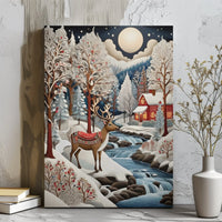 Snowy Forest Cabin Landscape Canvas Print, Winter Reindeer Canvas Wall Art, Rustic Christmas Holiday Canvas Decor, Comfy Living Room Artwork