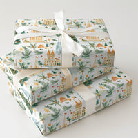 City Skyline Holiday Gift Wrap, Global Landmark Christmas Wrapping Paper, Watercolor Travel Wrapping Paper