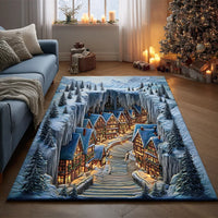 Snowy Village Landscape Rug, Winter Path Area Rug, Christmas Holiday Town Area Rug, Washable Non Slip Floor Rug, Winter Wonderland Present