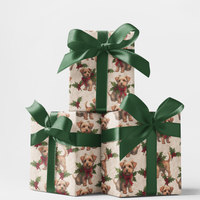 Holly and Red Bows Dog Gift Wrap Roll, Christmas Puppy Wrapping Paper, Adorable Puppy Holiday Wrapping Paper, Dog Lover Christmas Present Wrap