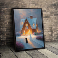 Black Cat and Ghost Wall Art, Spooky Gingerbread House Canvas Art, Adorable Halloween Christmas Canvas Print, Holiday Home Present