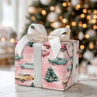 Retro Winter Tree Holiday Wrapping Paper, Vintage Pink Christmas Car Wrapping Paper, Pastel Xmas Gift Wrap Roll, Snowy Seasonal Present Wrap