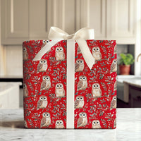 Holly Berry Christmas Gift Wrap, Winter Owl Wrapping Paper, Watercolor Woodland Bird Present Paper, Red Botanical Holiday Wrapping Paper