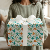Coastal Christmas Wrapping Paper, Teal and Orange Starfish Wrapping Paper, Beach Holiday Botanical Wrapping Paper, Nautical Xmas Gift Wrap