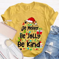 Santa Hat Fairy Lights Graphic Tee, Be Merry Be Jolly Be Kind Christmas T-Shirt, Holiday Family Shirt, Xmas Party Top