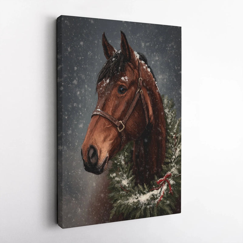Brown Horse with Festive Wreath in Snow Poster, Christmas Horse Canvas Wall Art, Winter Equestrian Holiday Print, Rustic Digital Download