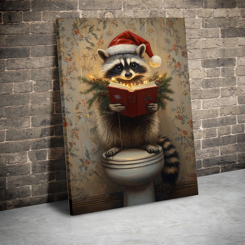 Humorous Toilet Raccoon Print, Christmas Raccoon Canvas Wall Art, Santa Hat Reading Canvas, Holiday Raccoon Art, Whimsical Bathroom Decor Present