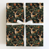 Rustic Pine Reindeer Gift Wrap, Vintage Reindeer Wrapping Paper, Dark Christmas Ornament Paper Roll, Elegant Winter Reindeer Gift Wrap