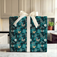 Teal Pine Ornament Gift Wrap, Winter Butterfly Wrapping Paper, Botanical Christmas Wrapping Paper, Nature Holiday Present Gift Wrap