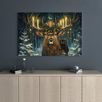 Whimsical Deer and Cat Canvas Print, Christmas Stag Canvas Wall Art, Candlelit Winter Forest Poster, Holiday Decor Printable Download