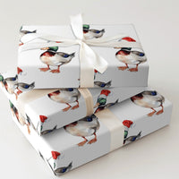 Watercolor Santa Hat Gift Wrap, Mallard Duck Christmas Wrapping Paper, Duck Bird Wrapping Paper Roll, Holiday Wrapping Paper
