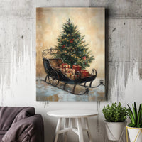 Festive Tree and Presents Canvas, Vintage Christmas Sleigh Canvas Print, Holiday Season Canvas Wall Art, Winter Home Decor, Christmas Present