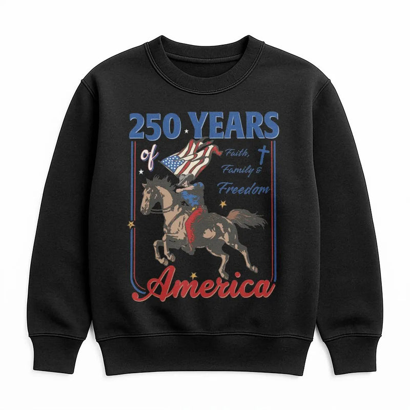250 Years America Sweatshirt | Patriotic Eagle on Horseback with Flag Design | Soft Cotton Polyester Blend | Gift for History and Freedom Lovers