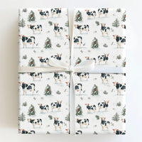 Watercolor Winter Cattle Gift Wrap, Farmhouse Cow Wrapping Paper, Rustic Pine Tree Christmas Wrapping Paper, Animal Lover Gift Wrap
