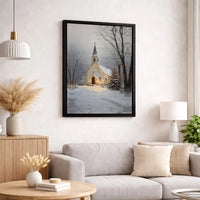 Snowy Christmas Tree Scene Canvas Print, Winter Church Canvas Wall Art, Comfy Rustic Chapel Canvas Art, Holiday Season Wall Decor Present
