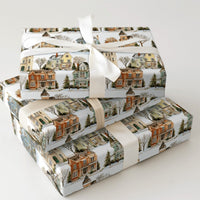 Watercolor Winter Village Gift Wrap, Victorian House Wrapping Paper, Snowy Town Holiday Wrapping Paper, Comfy Christmas Gift Wrap Paper Roll