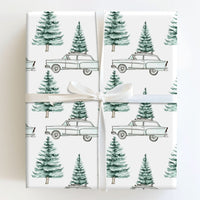 Watercolor Pine Christmas Wrapping Paper, Retro Blue Car with Tree Wrapping Paper, Vintage Winter Holiday Gift Wrap, Festive Xmas Paper Roll