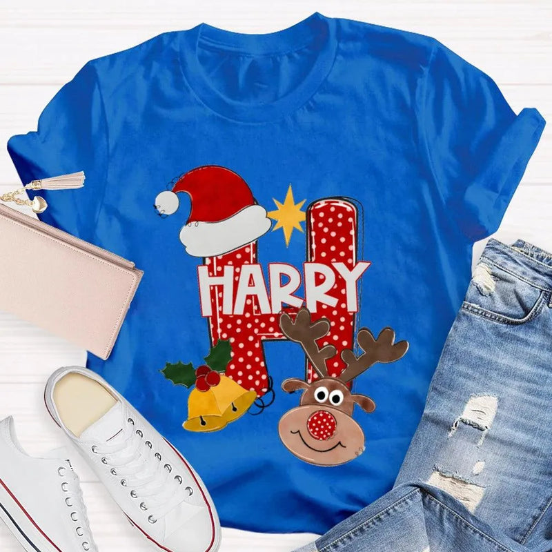 Santa Hat Elk Holiday Shirt, H Is for Happy Christmas Shirt, Humorous Christmas Graphic Tee, Festive Family Holiday Shirt, Adorable Christmas Present