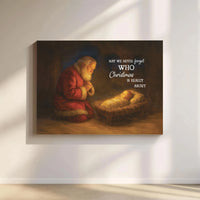 Baby Jesus Christmas Canvas Print, Kneeling Santa Canvas Wall Art, Religious Nativity Canvas Decor, Christian Holiday Wall Art Present