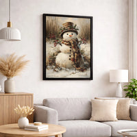 Vintage Winter Holiday Painting Print, Rustic Snowman Canvas Wall Art, Snowy Farmhouse Christmas Wall Decor, Seasonal Digital Download