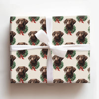Dog Holiday Wreath Gift Wrap, Chocolate Labrador Christmas Wrapping Paper, Adorable Lab Puppy Christmas Wrapping Paper, Dog Lover Holiday Wrap