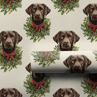 Dog Wreath Holiday Gift Wrap, Chocolate Lab Christmas Wrapping Paper, Labrador Retriever Christmas Wrapping Paper, Pet Lover Gift Wrap