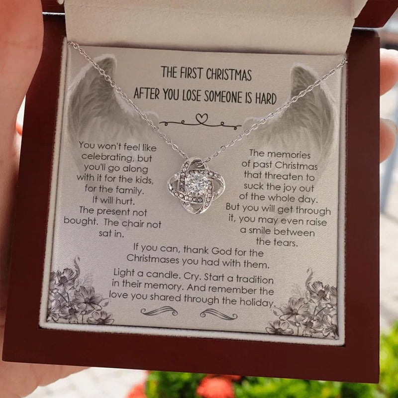 First Christmas Sympathy Necklace, Memorial Love Knot Necklace, 14k White Gold Bereavement Jewelry, Memorial Knot Pendant, Present for Loss
