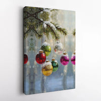 Snowy Pine Branch Holiday Painting, Christmas Ornaments Canvas Wall Art, Festive Winter Wall Print, Christmas Digital Download