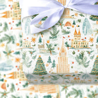 City Skyline Holiday Gift Wrap, Global Landmark Christmas Wrapping Paper, Watercolor Travel Wrapping Paper