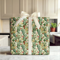 Southwestern Holly Gift Wrap, Watercolor Cactus Christmas Wrapping Paper, Desert Holiday Wrapping Paper, Festive Xmas Wrap