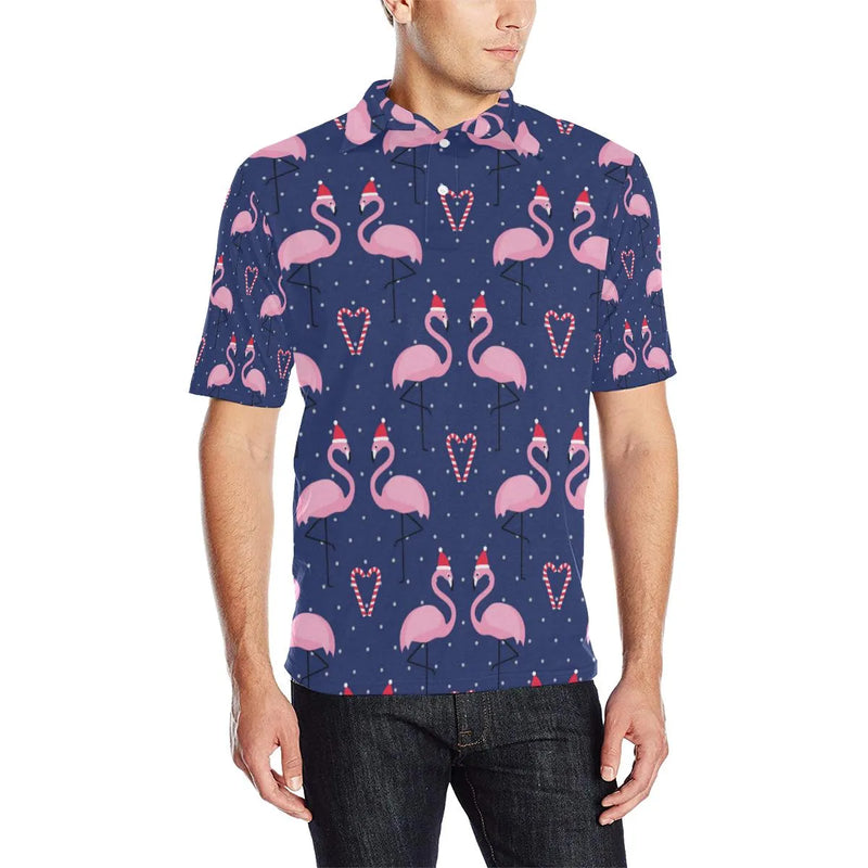 Pink Flamingo Holiday Polo Shirt, Santa Hat Flamingo Christmas Polo Shirt, Tropical Christmas Golf Shirt, Humorous Xmas Mens Polo Shirt Present