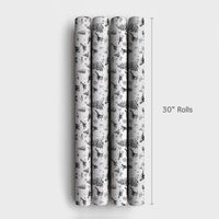 Black and White Winter Dino Gift Wrap, Dinosaur Christmas Wrapping Paper, Snowy Pine Tree Wrapping Paper, Kids Holiday Gift Wrap Roll