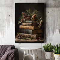 Christmas Book Still Life Canvas Art, Vintage Book Stack Wall Art, Dark Academia Holiday Wall Art Print, Holly Berry Decor, Digital Download