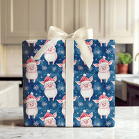 Santa Hat Piggy Holiday Gift Wrap, Adorable Christmas Pig Wrapping Paper, Whimsical Animal Present Wrap, Navy Winter Packaging Paper