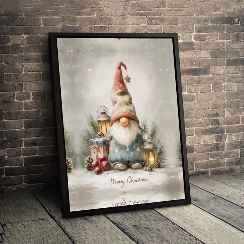 Watercolor Holiday Winter Gnome Print, Christmas Gnome Canvas Wall Art, Festive Lantern Nordic Gnome Art, Comfy Christmas Seasonal Wall Decor