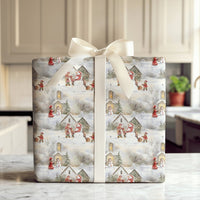 Snowy Town Holiday Gift Wrap, Vintage Village Christmas Wrapping Paper, Watercolor Xmas Wrapping Paper, Nostalgic Church Winter Gift Wrap