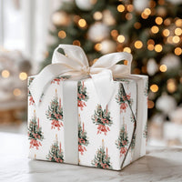Candle and Red Bow Gift Wrap, Watercolor Christmas Tree Wrapping Paper, Vintage Evergreen Wrapping Paper, Holiday Season Present Paper Roll