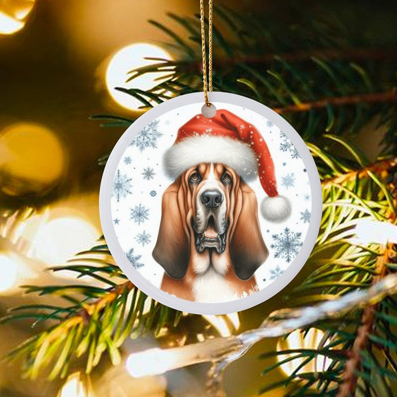 Santa Hat Dog Ceramic Ornament, Basset Hound Christmas Ornament, Adorable Puppy Holiday Ornament, Xmas Tree Pet Decor, Dog Lover Keepsake Present