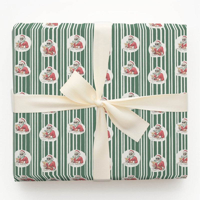 Humorous Sunglasses Santa Gift Wrap, Cocktail Santa Wrapping Paper, Striped Christmas Present Paper, Cool Holiday Wrapping Paper, Retro Party Wrap