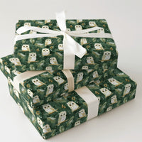 Forest Green Christmas Gift Wrap, Woodland Owl Wrapping Paper, Watercolor Winter Pine Present Paper, Snowy Bird Holiday Wrapping Paper