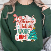 Preppy Coquette Christmas Tree Crewneck, O Come Let Us Adore Him Sweatshirt, Christian Holiday Hymn Sweater, Religious Xmas Pullover