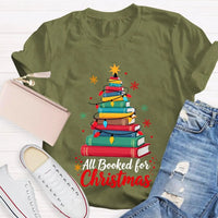 Humorous Book Lover Holiday Graphic Tee, Christmas Tree All Booked for Christmas T-Shirt, Adorable Bookish Xmas Shirt