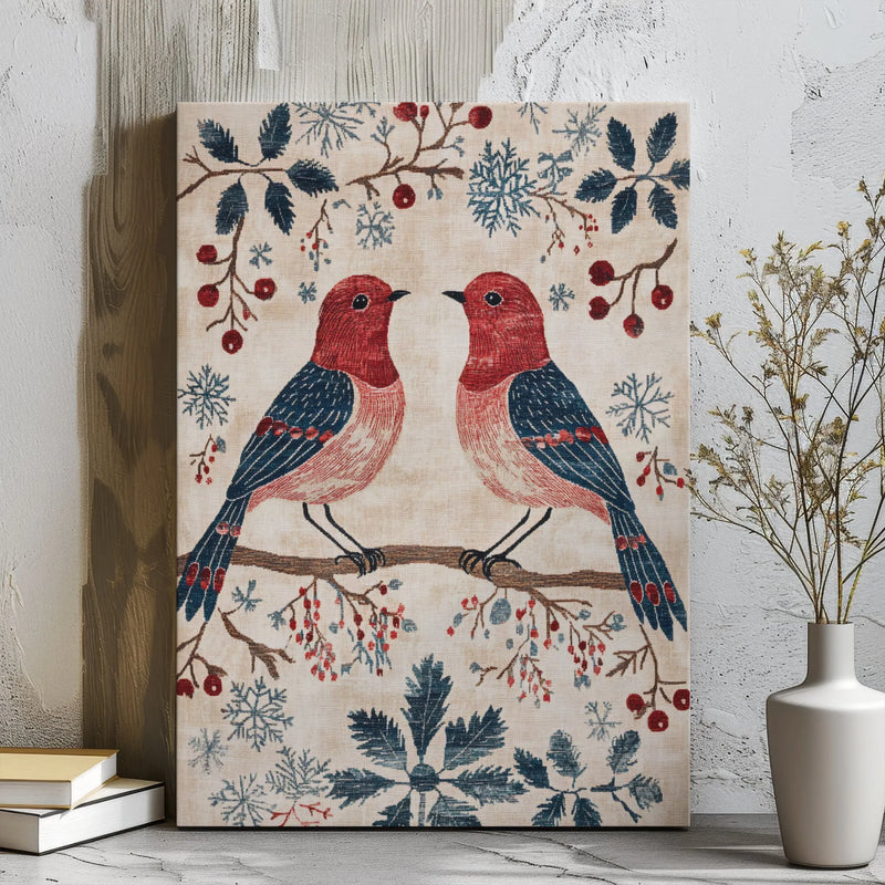 Folk Art Snowflakes Berries Canvas, Winter Bird Canvas Art, Festive Christmas Canvas Print, Holiday Bird Wall Decor, Winter Nature Art Present