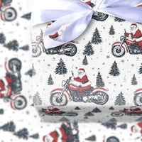 Pine Tree Biker Santa Gift Wrap, Red Motorcycle Santa Wrapping Paper, Festive Motorcycle Christmas Wrapping Paper, Biker Gift Wrap