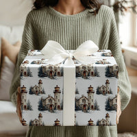 Coastal Winter Gift Wrap, Watercolor Christmas Lighthouse Wrapping Paper, Nautical Holiday Wrapping Paper, Snowy Ocean Theme Gift Wrapping