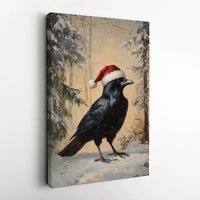 Winter Raven in Santa Hat Canvas Print, Christmas Crow Canvas Wall Art, Holiday Bird Painting Canvas, Festive Animal Decor, Bird Lover Present